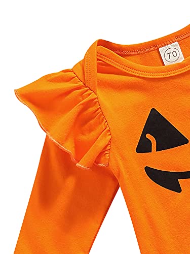 4 Piezas Conjunto de Halloween para Bebé Niña Traje Halloween de Recién Nacida Mameluco de Manga Larga con Patrón de Calabaza + Falda de Tul + Calentadores de Piernas + Diadema (Naranja, 6-12 Meses)