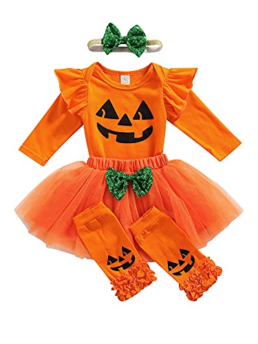 4 Piezas Conjunto de Halloween para Bebé Niña Traje Halloween de Recién Nacida Mameluco de Manga Larga con Patrón de Calabaza + Falda de Tul + Calentadores de Piernas + Diadema (Naranja, 6-12 Meses)