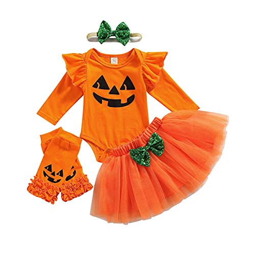 4 Piezas Conjunto de Halloween para Bebé Niña Traje Halloween de Recién Nacida Mameluco de Manga Larga con Patrón de Calabaza + Falda de Tul + Calentadores de Piernas + Diadema (Naranja, 6-12 Meses)