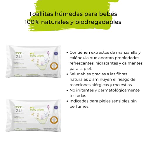 5 Packs Toallitas Ecológicas con Manzanilla y Caléndula - Toallitas Húmedas 100% Naturales y Biodegradables - Toallitas para Bebé - Indicadas para Pieles Sensibles - Gu Planet