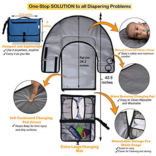 Actualizado Manos limpias Cambiador Portátil de Pañales para Bebé Impermeable, Kit Colchoneta Cambiador Bebe de Viaje, Bolso Ligera Esterilla Lavable de Quita y Pon, colchon Completamente Acolchado