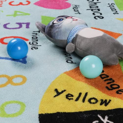 Alfombra de juegos de 90 x 150 cm para habitación infantil, alfombra multicolor con letras y números, fácil de limpiar y antideslizante, para niños y niñas en la sala de juegos o sala de juegos