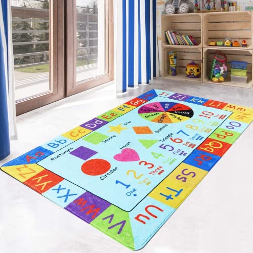 Alfombra de juegos de 90 x 150 cm para habitación infantil, alfombra multicolor con letras y números, fácil de limpiar y antideslizante, para niños y niñas en la sala de juegos o sala de juegos