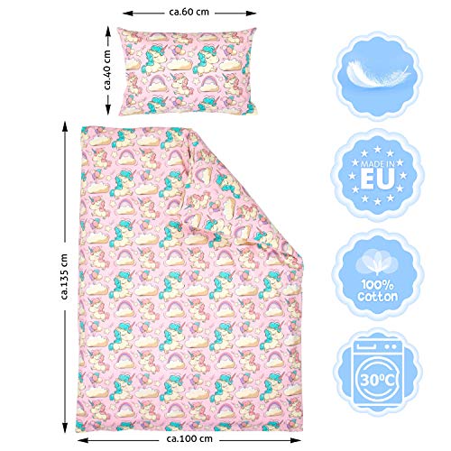 Amilian Ropa de cama infantil de 2 piezas, 100% algodón, ropa de cama para bebé, funda nórdica de 100 x 135 cm, funda de almohada de 40 x 60 cm, con cierre de hotel, unicornio