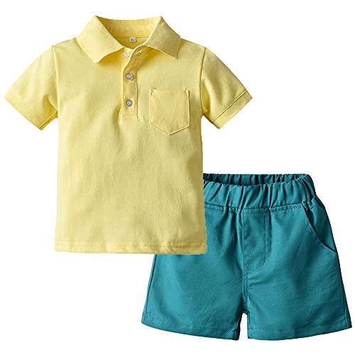 amropi Bebé Niños Verano Conjuntos de Ropa Manga Corta Camisas con Elástico Pantalones Cortos (Amarillo Azul,18-24 Meses)