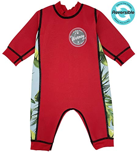 Aquajoy Warmsy – Bañador Térmico Infantil Entero para Bebé, Niñas, Niños | Diseño con Manga Larga, y 2 Estampados Reversibles (Loro Rojo 3-6 Meses)