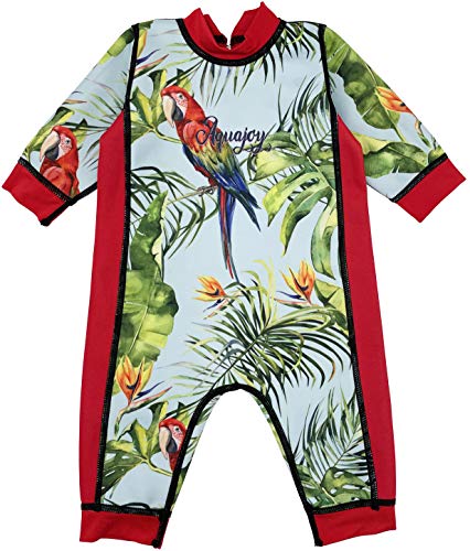 Aquajoy Warmsy – Bañador Térmico Infantil Entero para Bebé, Niñas, Niños | Diseño con Manga Larga, y 2 Estampados Reversibles (Loro Rojo 3-6 Meses)