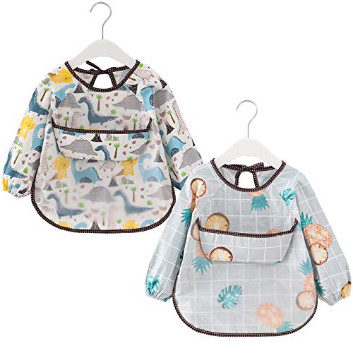 atopo 2 Paquetes Babero con Mangas Largas Impermeable Baberos de Alimentación para Bebés Algodón Delantal Lavable del Bebé por 3-36 Meses Niños Comiendo Pintura y Jugando