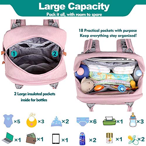 BabbleRoo Mochilas de Pañales para Bebé, Gran Capacidad Mochila de Cambio Bolsa para Pañales con Cambiador y Porta Chupones para Mamá y Papá (Rosado)