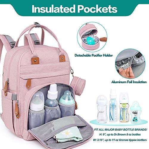 BabbleRoo Mochilas de Pañales para Bebé, Gran Capacidad Mochila de Cambio Bolsa para Pañales con Cambiador y Porta Chupones para Mamá y Papá (Rosado)