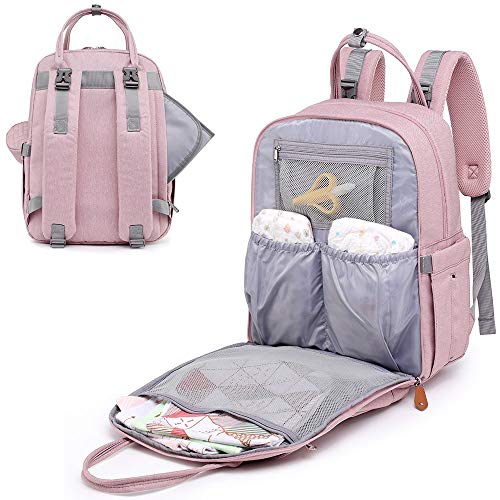 BabbleRoo Mochilas de Pañales para Bebé, Gran Capacidad Mochila de Cambio Bolsa para Pañales con Cambiador y Porta Chupones para Mamá y Papá (Rosado)