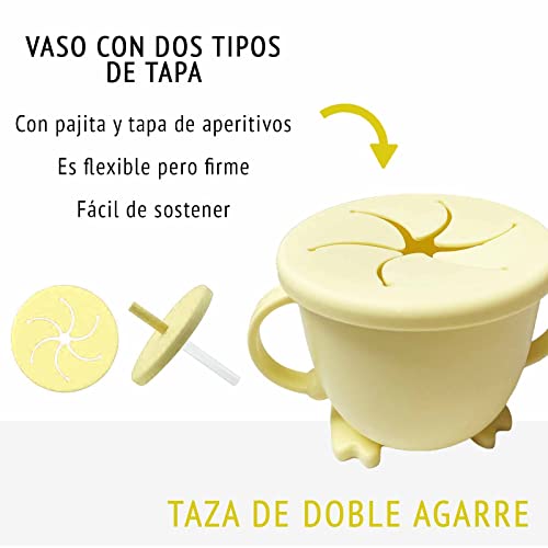 Baby CAMBA - Juego Vajilla Bebe Infantil de Silicona con Ventosa, Incluye Cuenco Ventosa Bebe, Plato Bebe Ventosa, Cuchara, vaso antiderrame bebe y baberos silicona bebe (Amarillo)