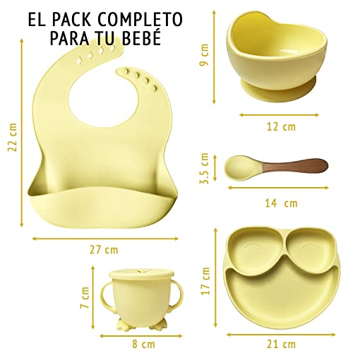 Baby CAMBA - Juego Vajilla Bebe Infantil de Silicona con Ventosa, Incluye Cuenco Ventosa Bebe, Plato Bebe Ventosa, Cuchara, vaso antiderrame bebe y baberos silicona bebe (Amarillo)