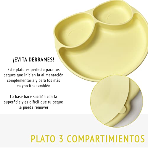 Baby CAMBA - Juego Vajilla Bebe Infantil de Silicona con Ventosa, Incluye Cuenco Ventosa Bebe, Plato Bebe Ventosa, Cuchara, vaso antiderrame bebe y baberos silicona bebe (Amarillo)