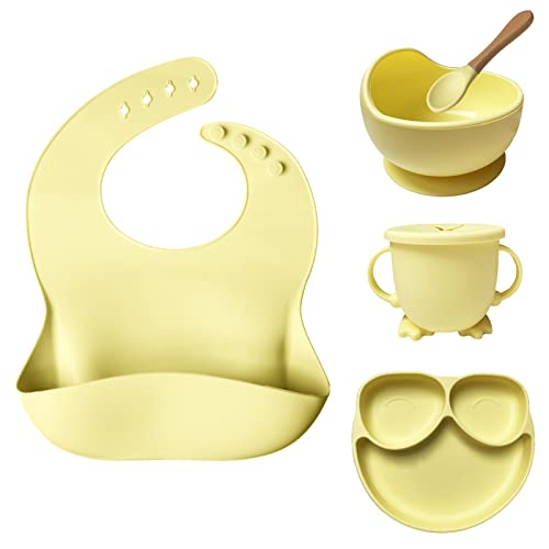 Baby CAMBA - Juego Vajilla Bebe Infantil de Silicona con Ventosa, Incluye Cuenco Ventosa Bebe, Plato Bebe Ventosa, Cuchara, vaso antiderrame bebe y baberos silicona bebe (Amarillo)