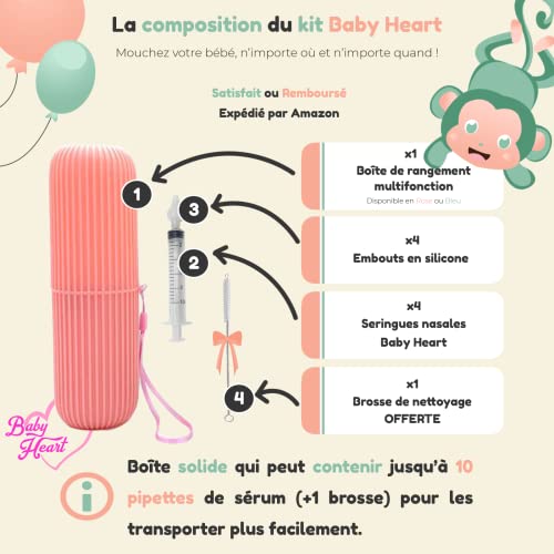 BABY HEART 4x Cuentagotas nasales para bebés con punta de silicona de 10 ml + Cepillo de limpieza GRATIS + Caja 3en1 para suero salino y solución salina sin BPA para bebés y niños (rosa)