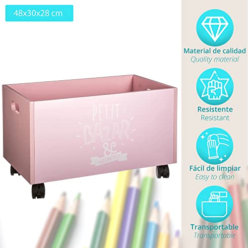 Baúl de almacenamiento de madera con ruedas para niños - Colores ROSA y BLANCO