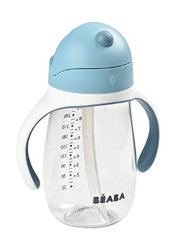 BÉABA Vaso de Aprendizaje con Boquilla para Bebe, Biberón 100 % hermético, Taza Antigoteo con pajita, Antiderrame, 2 en 1, Asas extraíbles, Resistente, Tritan y silicona, 300ml, Blue