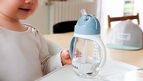 BÉABA Vaso de Aprendizaje con Boquilla para Bebe, Biberón 100 % hermético, Taza Antigoteo con pajita, Antiderrame, 2 en 1, Asas extraíbles, Resistente, Tritan y silicona, 300ml, Blue