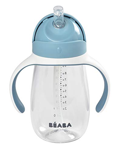 BÉABA Vaso de Aprendizaje con Boquilla para Bebe, Biberón 100 % hermético, Taza Antigoteo con pajita, Antiderrame, 2 en 1, Asas extraíbles, Resistente, Tritan y silicona, 300ml, Blue