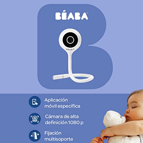 BÉABA Vigilabebés Zen Connect, Inalambrico con Cámara Full HD 1090p, Vídeo, Walkie-Talkie y Gran Alcance, Conexión Móvil y Wifi, Varilla flexible, Gris