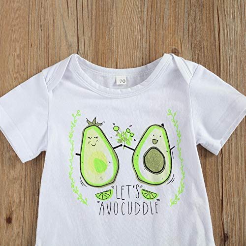 Bebé Niña 3 Piezas Conjunto de Ropa Verano para Recién Nacida Top Mameluco Blanco de Manga Corta con Estampado de Aguacate + Pantalones Cortos Verde + Diadema con Bowknot Casual (Verde, 0-3 Meses)