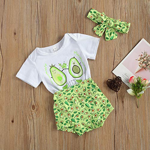 Bebé Niña 3 Piezas Conjunto de Ropa Verano para Recién Nacida Top Mameluco Blanco de Manga Corta con Estampado de Aguacate + Pantalones Cortos Verde + Diadema con Bowknot Casual (Verde, 0-3 Meses)