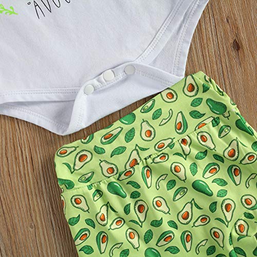 Bebé Niña 3 Piezas Conjunto de Ropa Verano para Recién Nacida Top Mameluco Blanco de Manga Corta con Estampado de Aguacate + Pantalones Cortos Verde + Diadema con Bowknot Casual (Verde, 0-3 Meses)