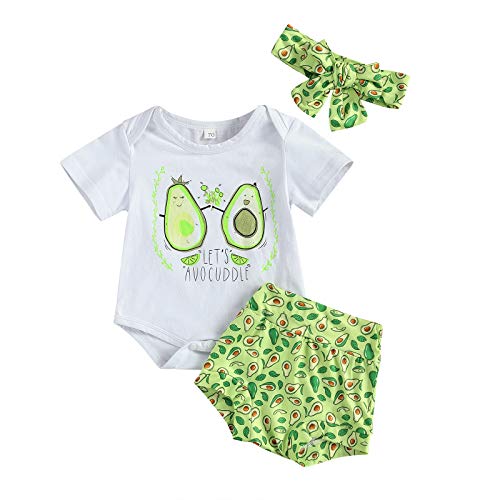 Bebé Niña 3 Piezas Conjunto de Ropa Verano para Recién Nacida Top Mameluco Blanco de Manga Corta con Estampado de Aguacate + Pantalones Cortos Verde + Diadema con Bowknot Casual (Verde, 0-3 Meses)