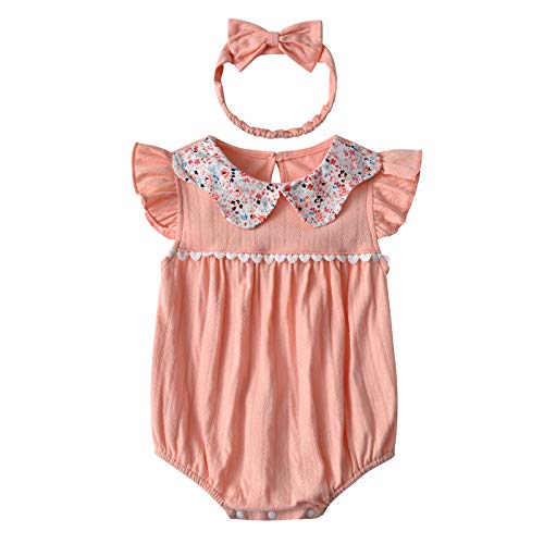 Bebé Niñas Mamelucos Venda Monos Floral Peleles Manga Corta Algodón Onesies Chaleco Ropa Lindos Pijamas Verano Trajes Regalo Recién Nacido 0-3 meses Rosa