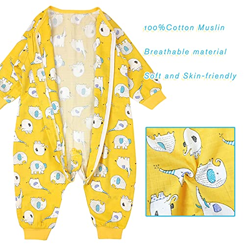 Bebé Saco de Dormir con Pies Verano Pijama Manga Larga Mono Muselina de Algodón Transpirable Mamelucos Niños Niñas Unisex 2-3 años Elefante amarillo