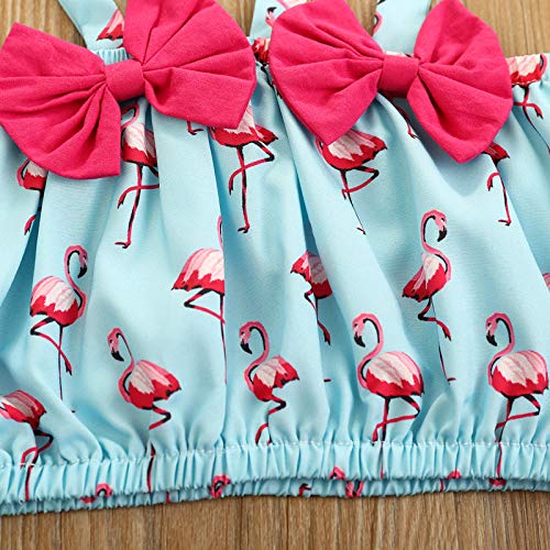 Bebé Traje de Baño 3pcs con Lazo para Recién Nacida Conjunto de Bikini Fruncido con Estampado de Flamencos + Sombrero Elástico con Volantes Bikini Lindo en Verano (Azul Claro, 6-12 Meses)