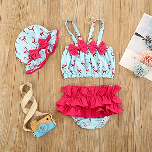 Bebé Traje de Baño 3pcs con Lazo para Recién Nacida Conjunto de Bikini Fruncido con Estampado de Flamencos + Sombrero Elástico con Volantes Bikini Lindo en Verano (Azul Claro, 6-12 Meses)