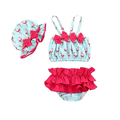 Bebé Traje de Baño 3pcs con Lazo para Recién Nacida Conjunto de Bikini Fruncido con Estampado de Flamencos + Sombrero Elástico con Volantes Bikini Lindo en Verano (Azul Claro, 6-12 Meses)