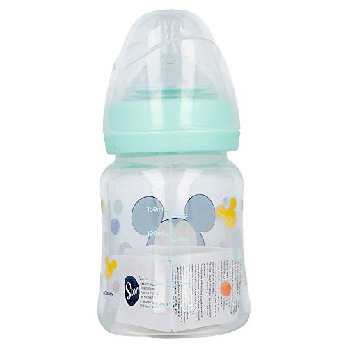 Biberón con Tetina Redonda de Silicona 3 Posiciones - Libre de BPA - 150 ML - Sistema Anti Colicos | Mickey Mouse (Disney Baby)