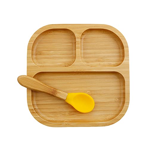 BIOZOYG Juego de Platos de bambú Cuadrados I Plato con Ventosa y Cuchara - Certificado FSC I Platos Madera de bambú p. niños - Plato y Cuenco para niños I vajilla bambú para bebés Cuadrada Amarillo