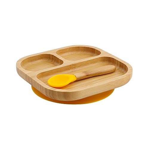 BIOZOYG Juego de Platos de bambú Cuadrados I Plato con Ventosa y Cuchara - Certificado FSC I Platos Madera de bambú p. niños - Plato y Cuenco para niños I vajilla bambú para bebés Cuadrada Amarillo