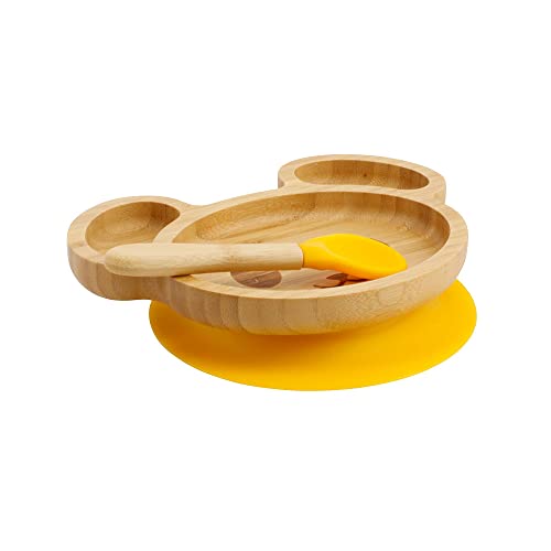 BIOZOYG Juego de Platos de Bambú Ratón I Plato con Ventosas y Cuchara - Certificado FSC I Platos de Madera de Bambú para Niños - Plato y Bol para Niños I Vajilla de Bambú para Bebés Amarillo