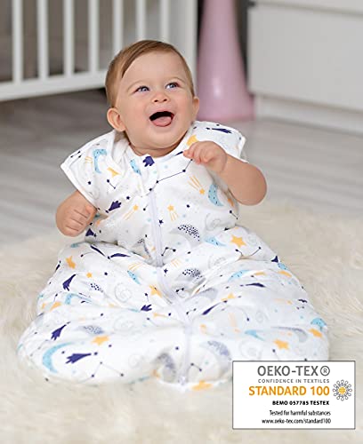 Bisoo Saco de Dormir Bebe Recien Nacido 1 TOG 0-6 Meses (70 cm) - Entretiempo y Verano - 100% Algodón Certificado Oeko-Tex - Diseño Unisex de Noche Estrellada para Niño y Niña - Longitud Ajustable