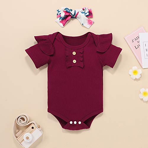 Bonfor 3 Piezas Ropa Bebe Niña 0-3 Meses Conjunto Verano de Floral Mono + Pantalón Corto + Banda de Pelo para Recien Nacido Niño 0-24 Meses Algodon Barata (Vino Tinto, 0-6 Meses)