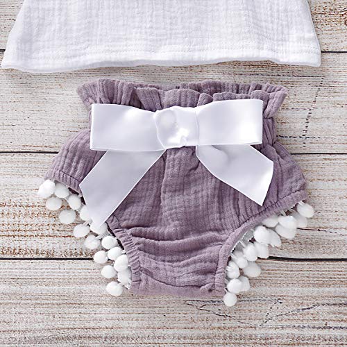 Bonfor 3 Piezas Ropa Bebe Niña 0-3 Meses Verano Algodon Mono de Volantes con Borla + Pantalón Corto + Banda de Pelo para 0-24 Meses Recien Nacido Niño (Púrpura, 0-6 Meses)