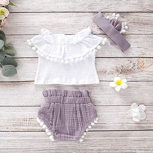 Bonfor 3 Piezas Ropa Bebe Niña 0-3 Meses Verano Algodon Mono de Volantes con Borla + Pantalón Corto + Banda de Pelo para 0-24 Meses Recien Nacido Niño (Púrpura, 0-6 Meses)