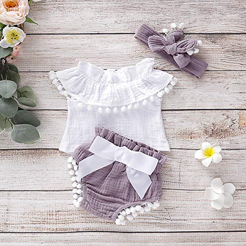 Bonfor 3 Piezas Ropa Bebe Niña 0-3 Meses Verano Algodon Mono de Volantes con Borla + Pantalón Corto + Banda de Pelo para 0-24 Meses Recien Nacido Niño (Púrpura, 0-6 Meses)