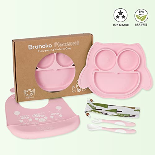 Brunoko Vajilla infantil Set de Plato bebe ventosa + cuchara silicona bebé + Babero Silicona 3 en 1- Vajilla Bebé Antideslizante - Utensilios Infantiles Aprendizaje BLW - Diseñado en España