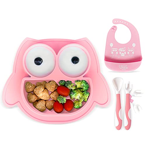 Brunoko Vajilla infantil Set de Plato bebe ventosa + cuchara silicona bebé + Babero Silicona 3 en 1- Vajilla Bebé Antideslizante - Utensilios Infantiles Aprendizaje BLW - Diseñado en España