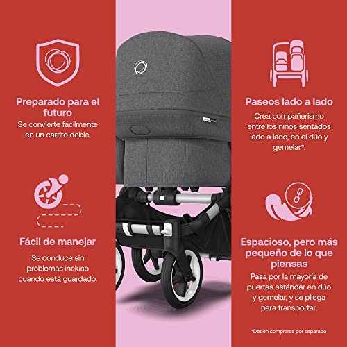 Bugaboo Donkey 3 Mono Cochecito Fácilmente Convertible a Carrito Gemelar o Dúo, 0-4 años, 2 Cestas, Chasis de Aluminio y Capota Gris Mélange para el Sol