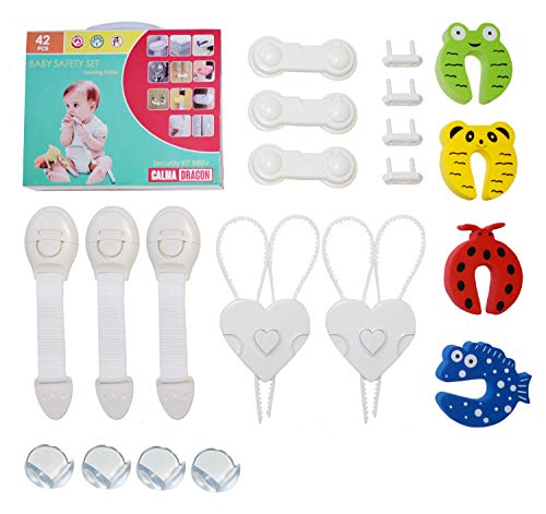 Calma Dragon Kit de Seguridad para Bebes, 42 piezas, Protección para niños, 12 Protectores de Esquinas, 10 Protectores de enchufes, 6 Cerraduras de Cajón, 4 Topes de Puertas, 10 Bloqueos (EU)