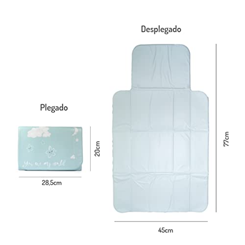 Cambiador bebé portátil - Diseñado y Fabricado en España - Cambiador de viaje - Cambiador plegable impermeable ideal como regalo para recién nacido - Cambiador de 77x45 cm- Azul Cielo - Cambiador bebe