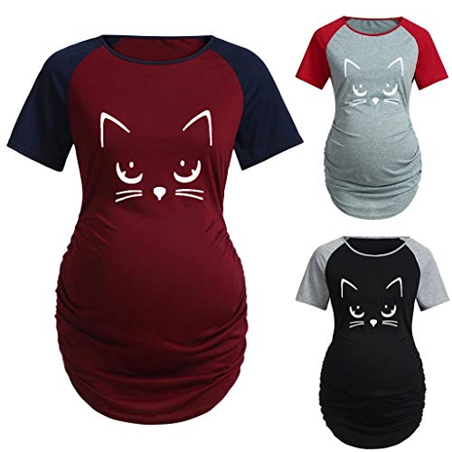 Camiseta de Las Mujeres Embarazadas Fotografia SHOBDW Blusa De Manga Corta De Verano Amamantando La Ropa De Maternidad Nusring Cuello Redondo Estampado De Gato Talla Grande S-XXL(Negro,M)