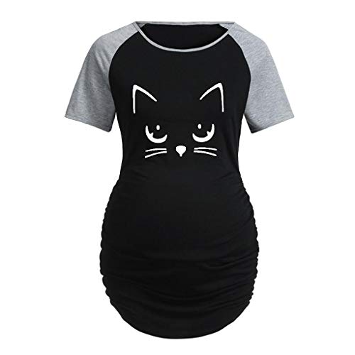 Camiseta de Las Mujeres Embarazadas Fotografia SHOBDW Blusa De Manga Corta De Verano Amamantando La Ropa De Maternidad Nusring Cuello Redondo Estampado De Gato Talla Grande S-XXL(Negro,M)